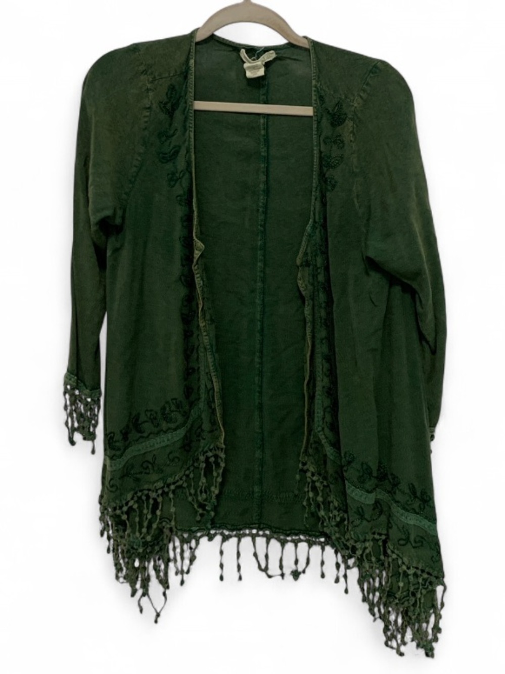 Indigo Threads Green Boho Open-Front Fringe Kimono Cardigan